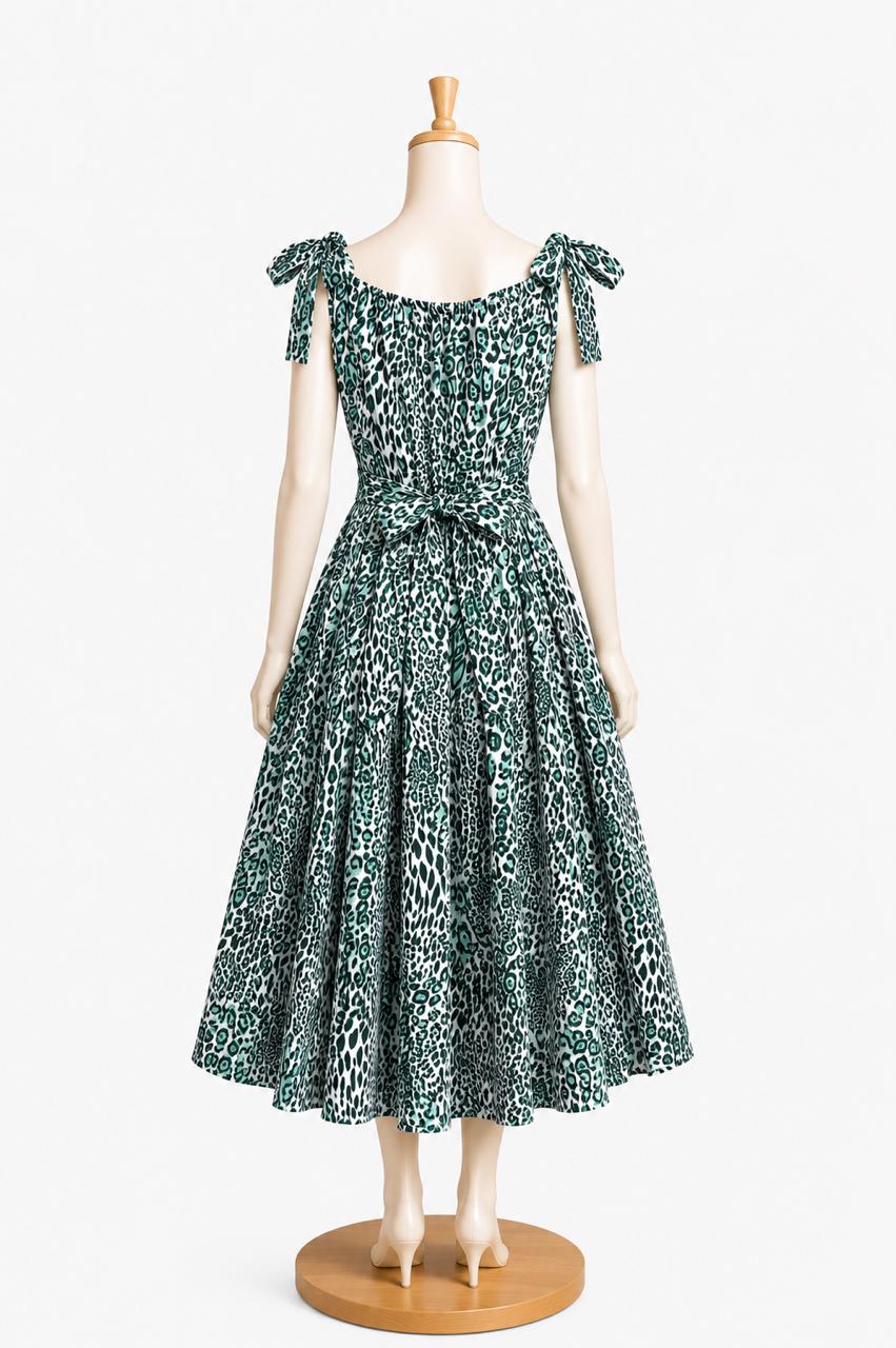 Kids & teens  Green printed Summer Midi Dress with shoulder Tie straps & Chest Cup