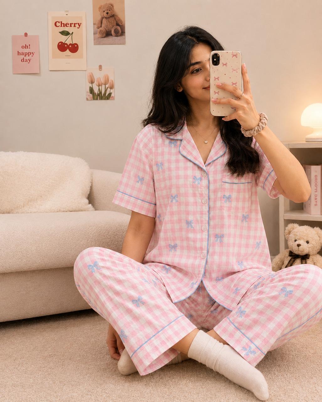 Bow Printed Premium 2-Piece Cotton Lounge Set