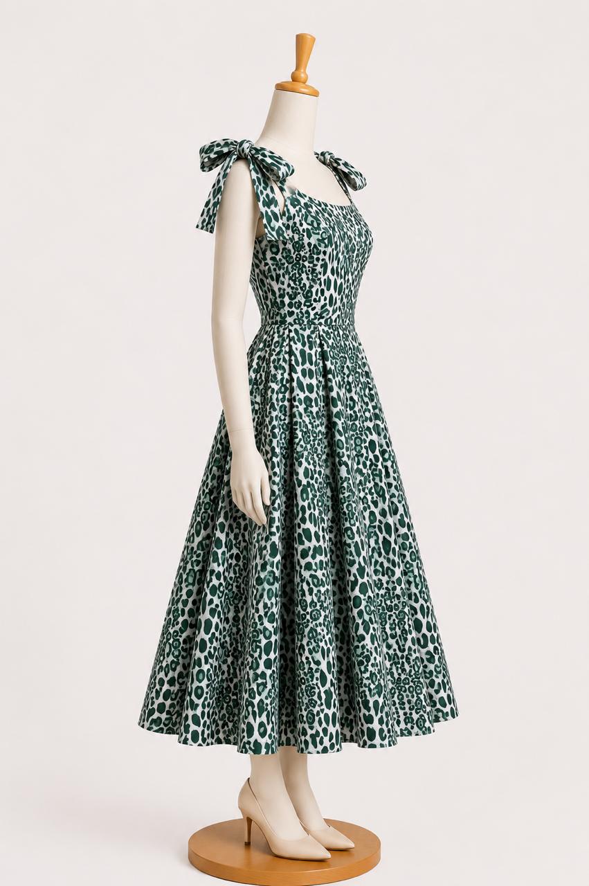 Kids & teens  Green printed Summer Midi Dress with shoulder Tie straps & Chest Cup
