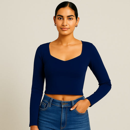 Stylish navy blue knitted crop top | full sleeve