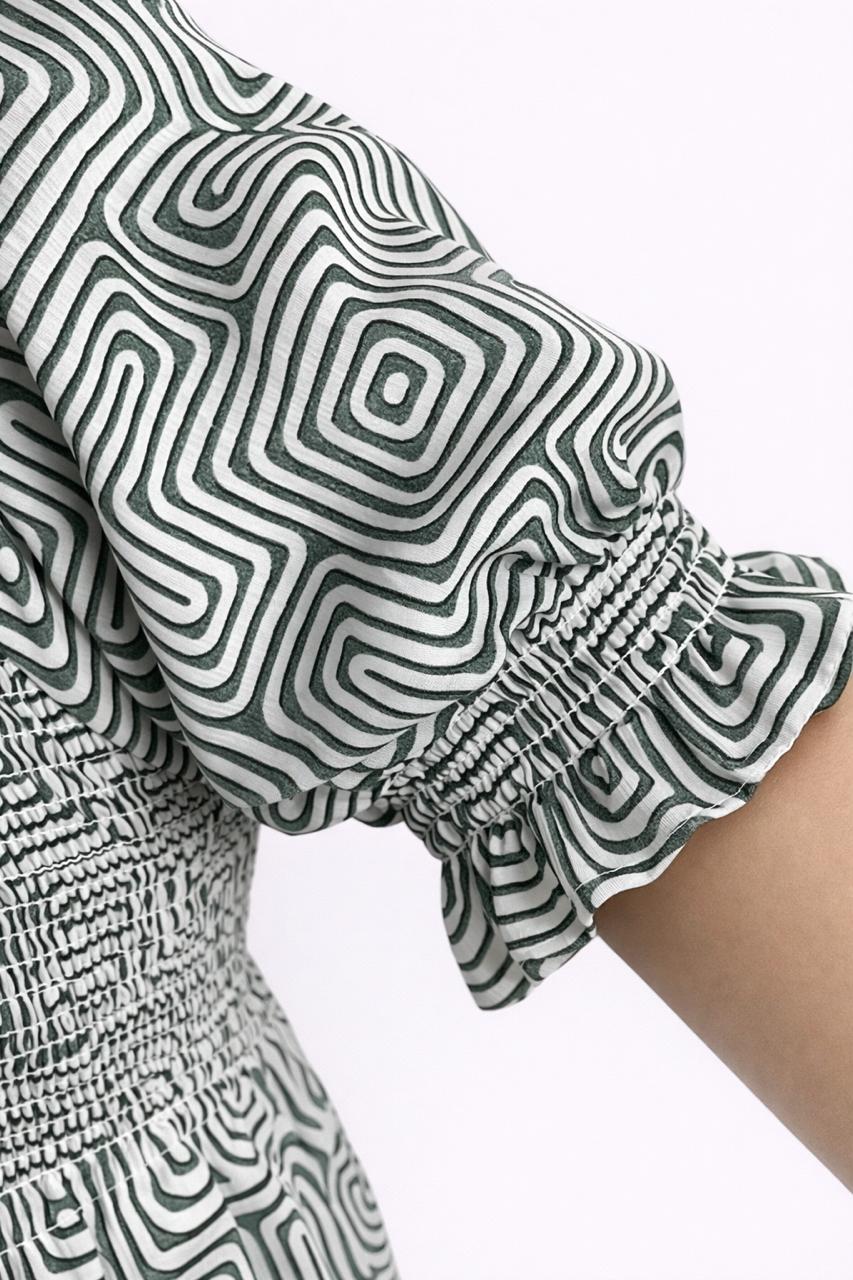 Women's white & green printed sundress with puff sleeves