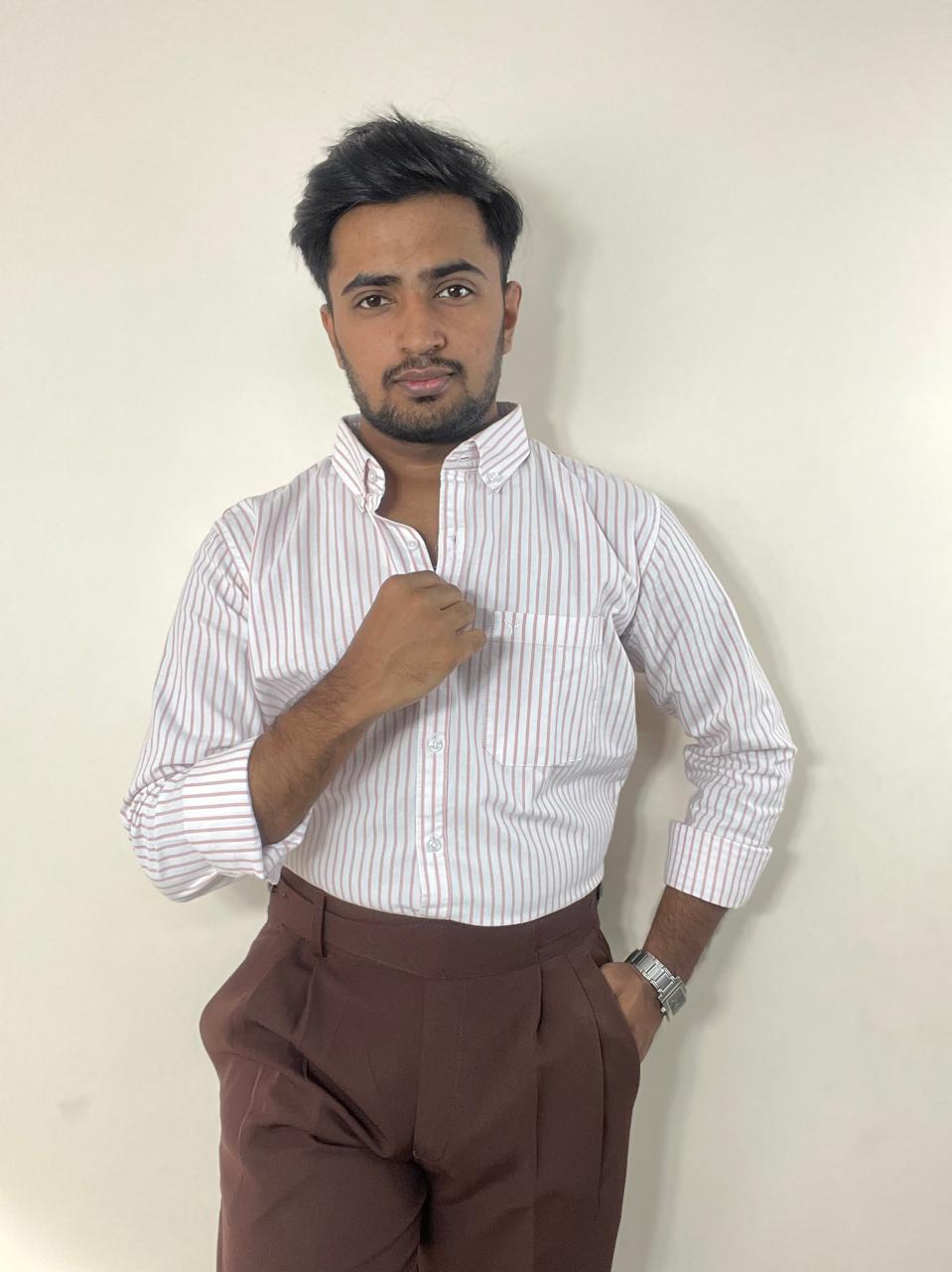 Blush striped oxford cotton - linen shirt | button-down collar