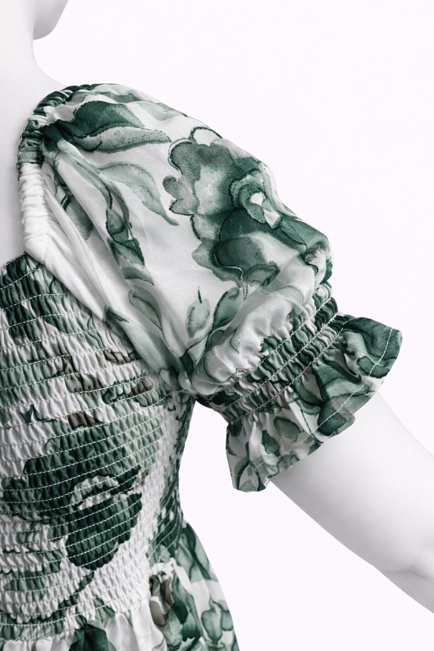 Women's white & green printed sundress with puff sleeves