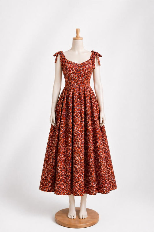 Kids & teens Red Floral printed Summer Midi Dress with shoulder Tie straps & Chest Cup