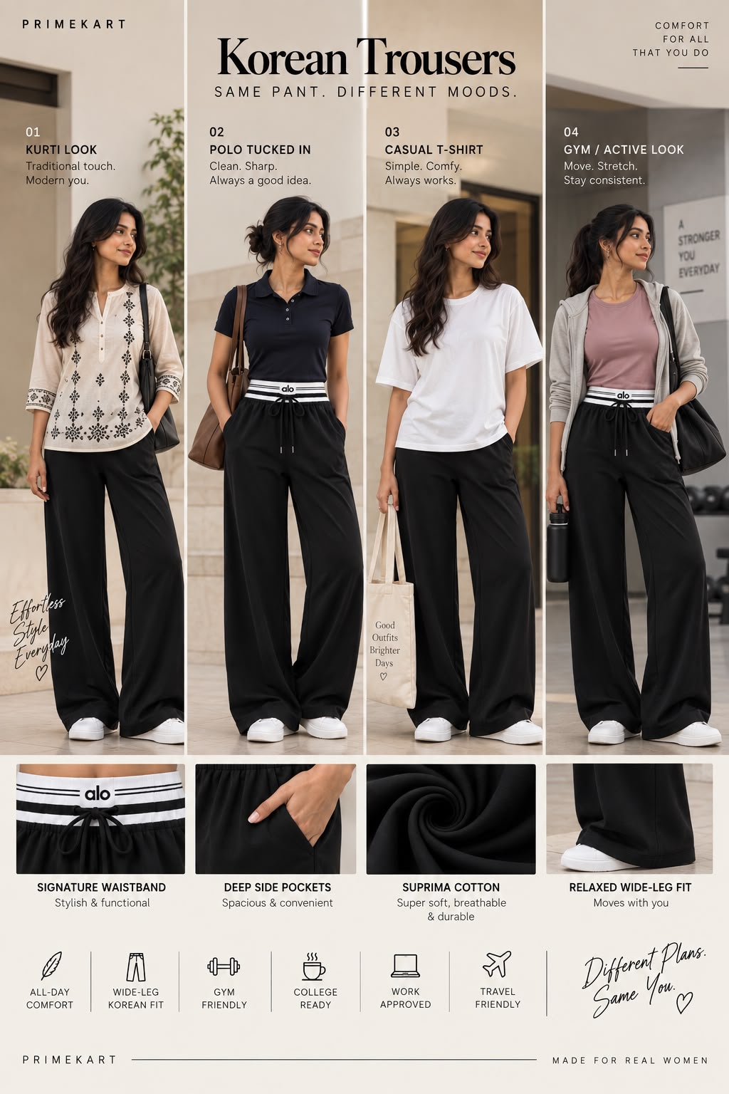 Women’s Black Wide-Leg Track Pants with Striped Elastic Waistband & Drawstring