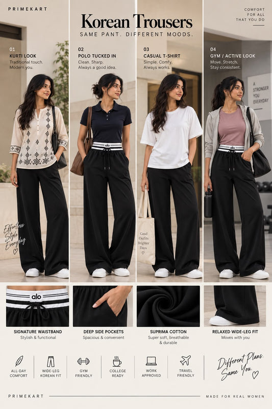 Women’s Black Wide-Leg Track Pants with Striped Elastic Waistband & Drawstring