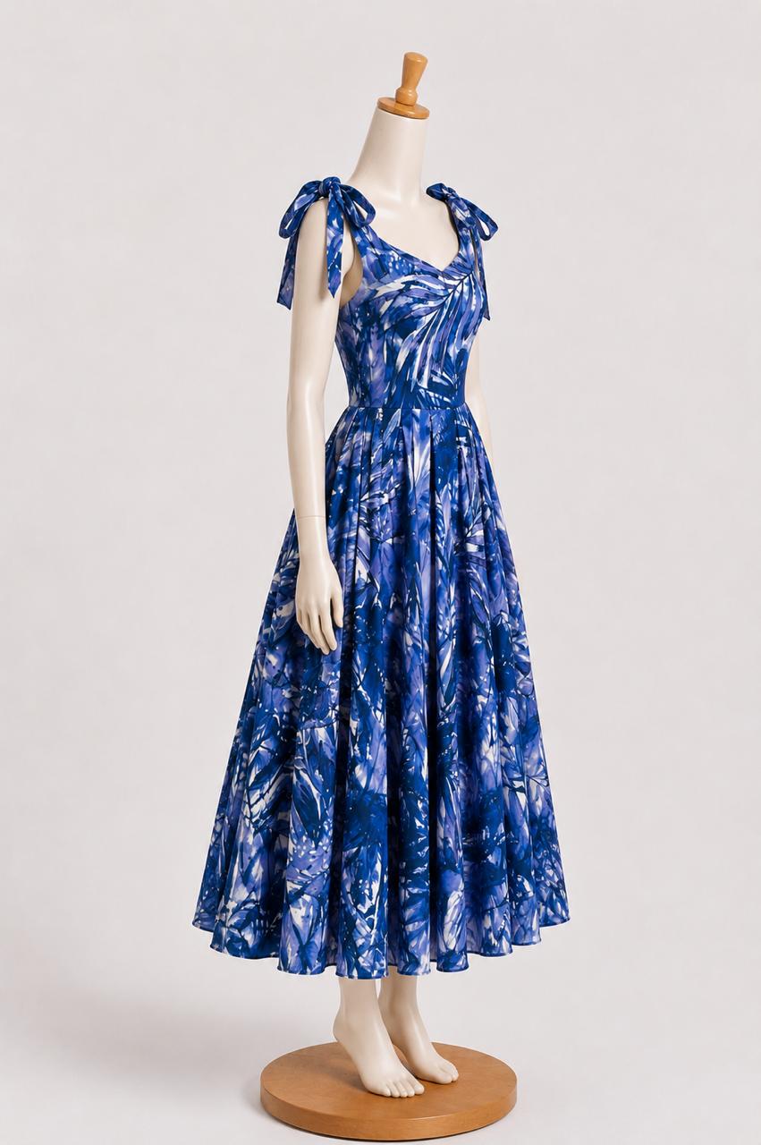 Kids & teens Blue Tropical printed  Summer Midi Dress with shoulder Tie straps & Chest Cup