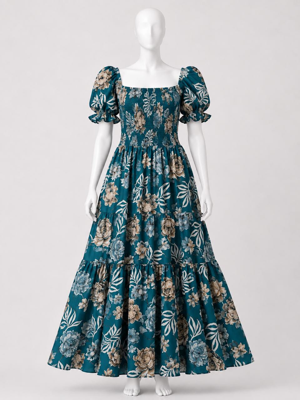 Women's Green printed sundress with puff sleeves