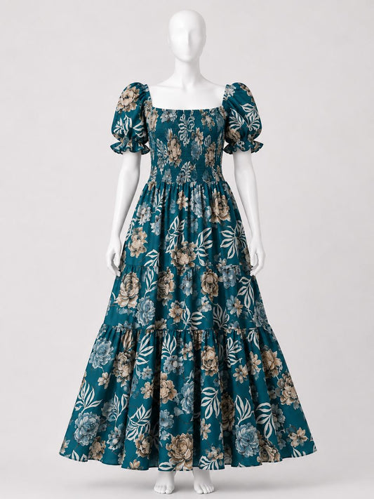 Women's Green printed sundress with puff sleeves