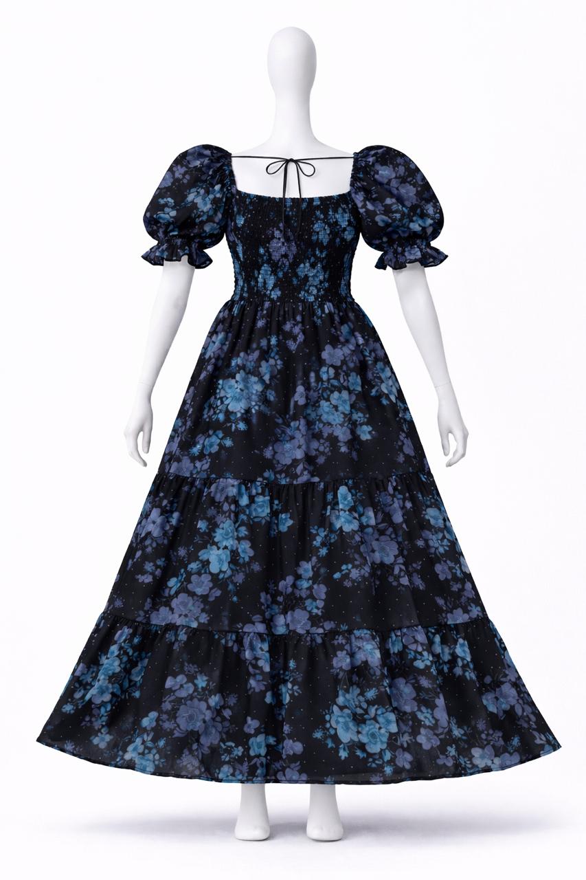Women's Black & blue floral printed maxi dress with puff sleeves