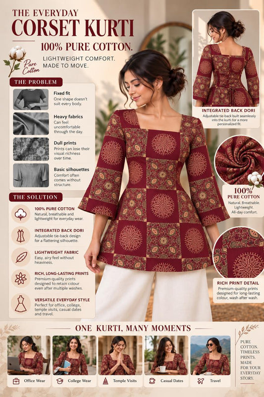 Velvet burgundy geometrical printed Premium 100% Pure Cotton Corset Back Knot Short Kurti | Printed Flared Kurti for Women