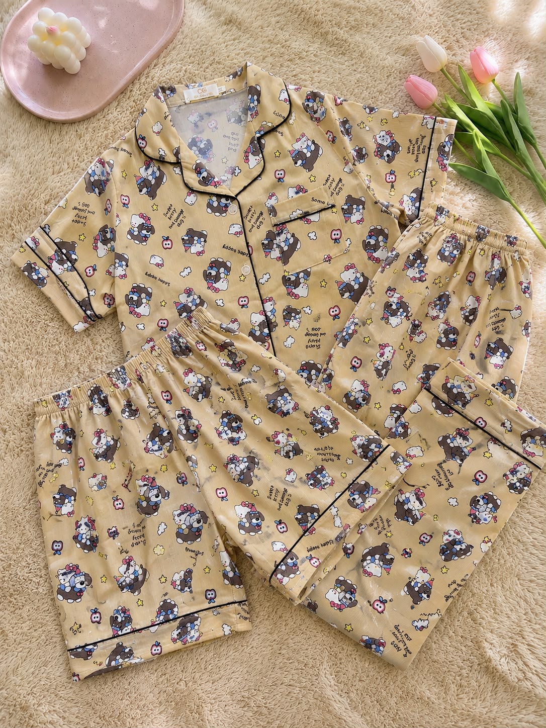 Sweet kitty Printed Premium 3-Piece Cotton Lounge Set