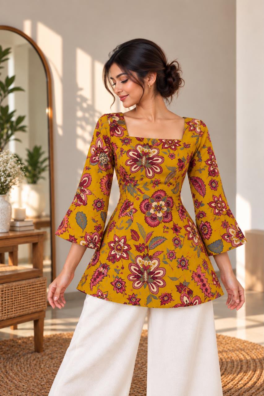 Saffron gold floral printed Premium 100% Pure Cotton Corset Back Knot Short Kurti | Printed Flared Kurti for Women