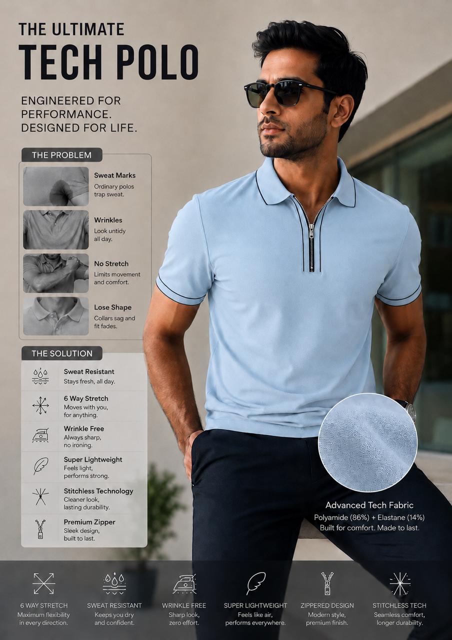 Structured Executive Tech Polo | Ultra-Stretch , Stitchless & Wrinkle-Free Performance T-Shirt