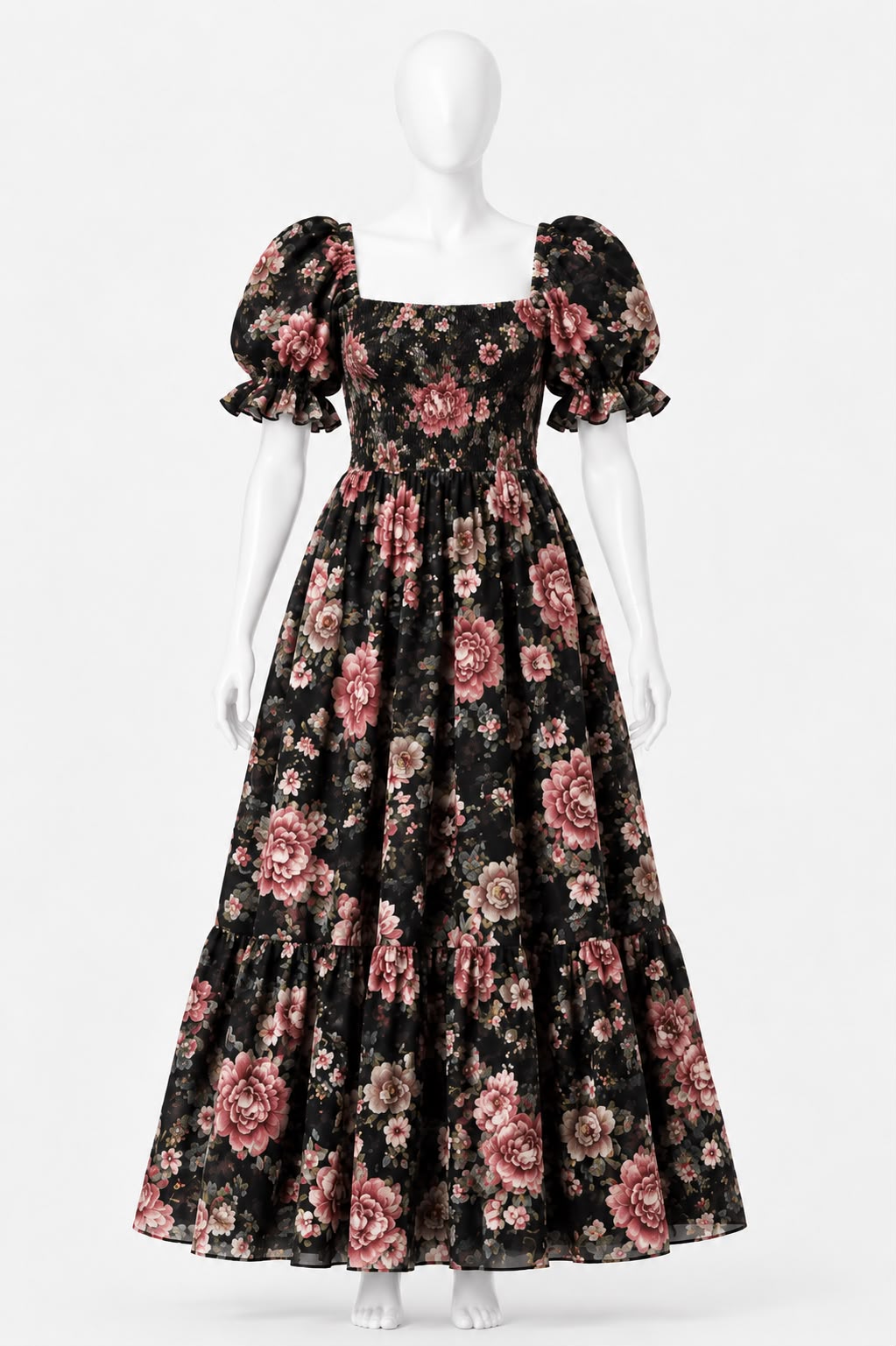 Women's Black floral printed sundress with puff sleeves