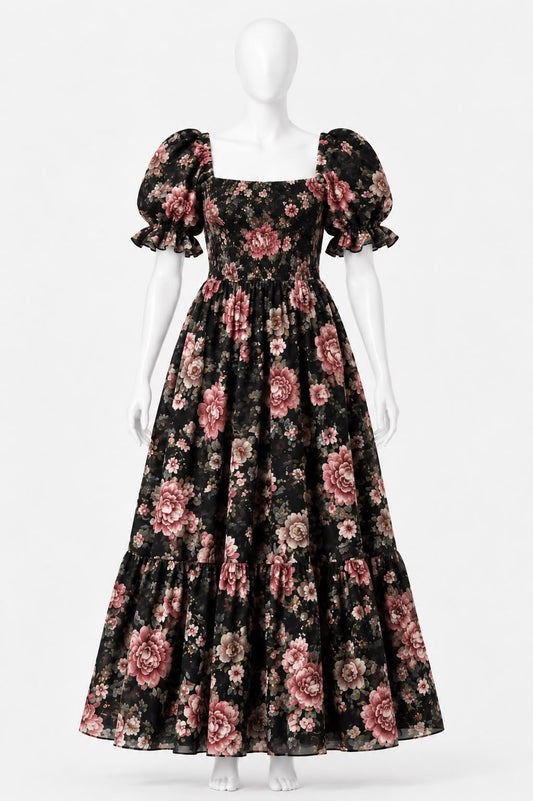 Women's Black floral printed sundress with puff sleeves