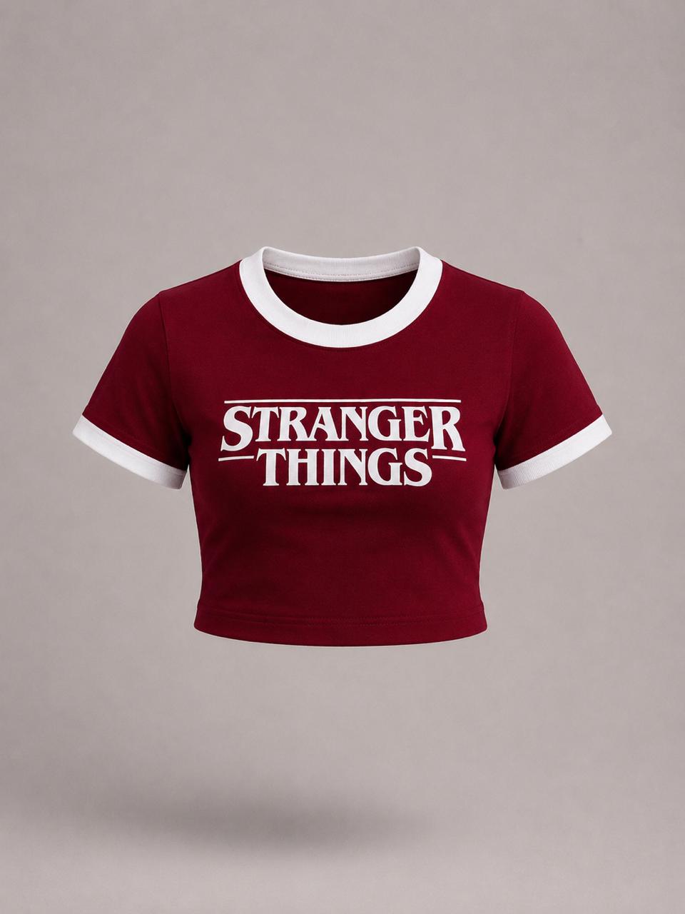 Red printed round neck contrast collar Baby tee | Women's cropped Fit T-shirt