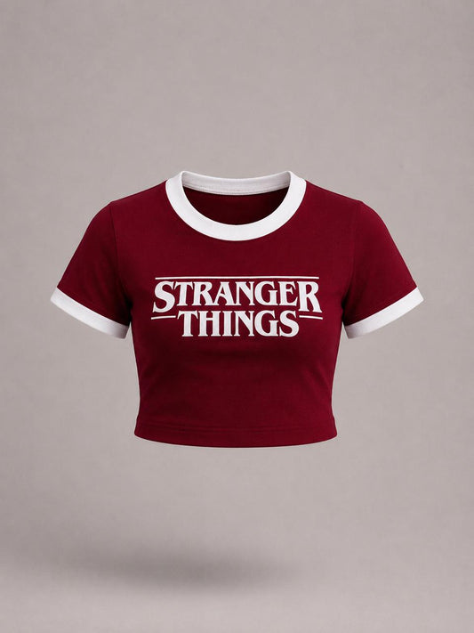Red printed round neck contrast collar Baby tee | Women's cropped Fit T-shirt