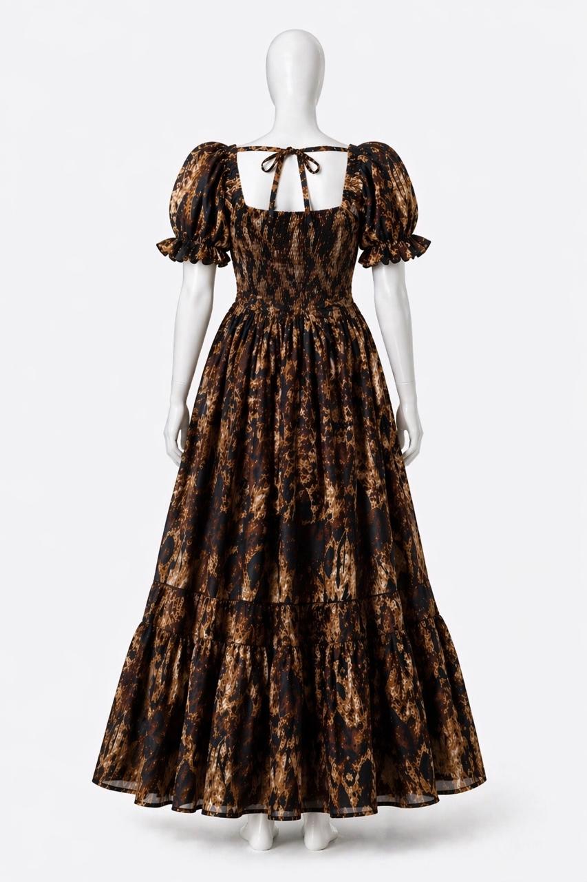 Women's Coffee Brown printed sundress with puff sleeves
