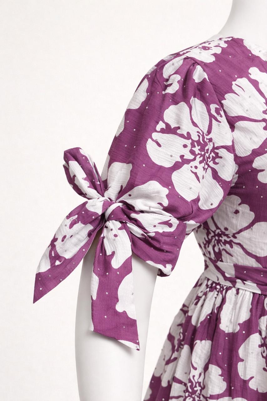 Women's violet floral maxi with puff sleeves tie up dress