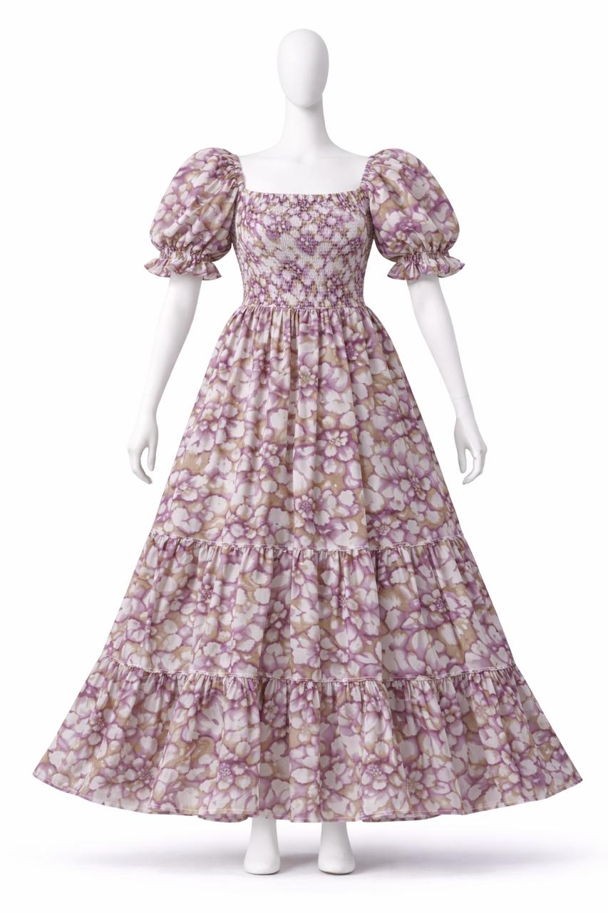 Women's violet & white floral printed sundress with puff sleeves
