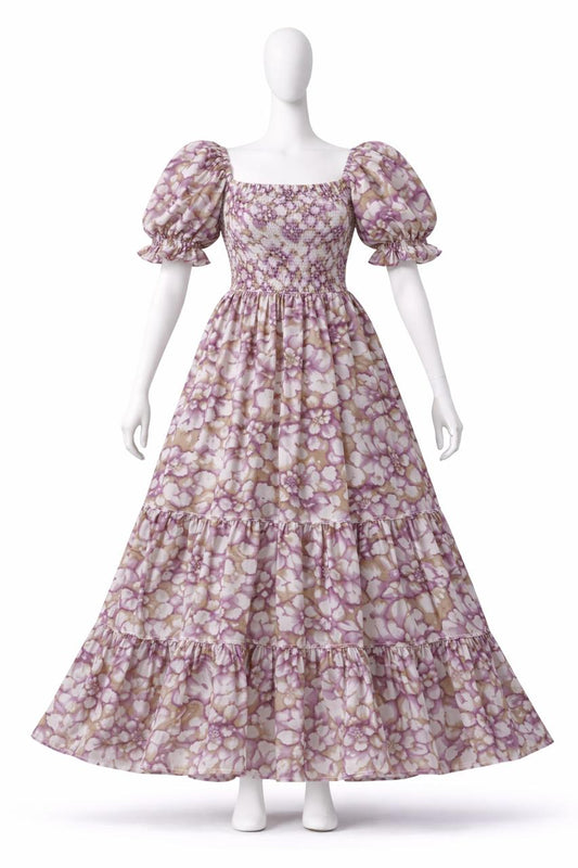 Women's violet & white floral printed sundress with puff sleeves