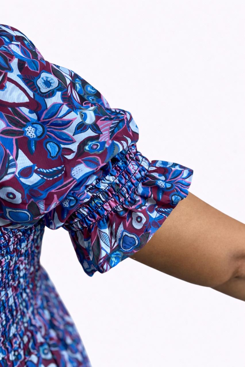 Women's Blue printed sundress with puff sleeves