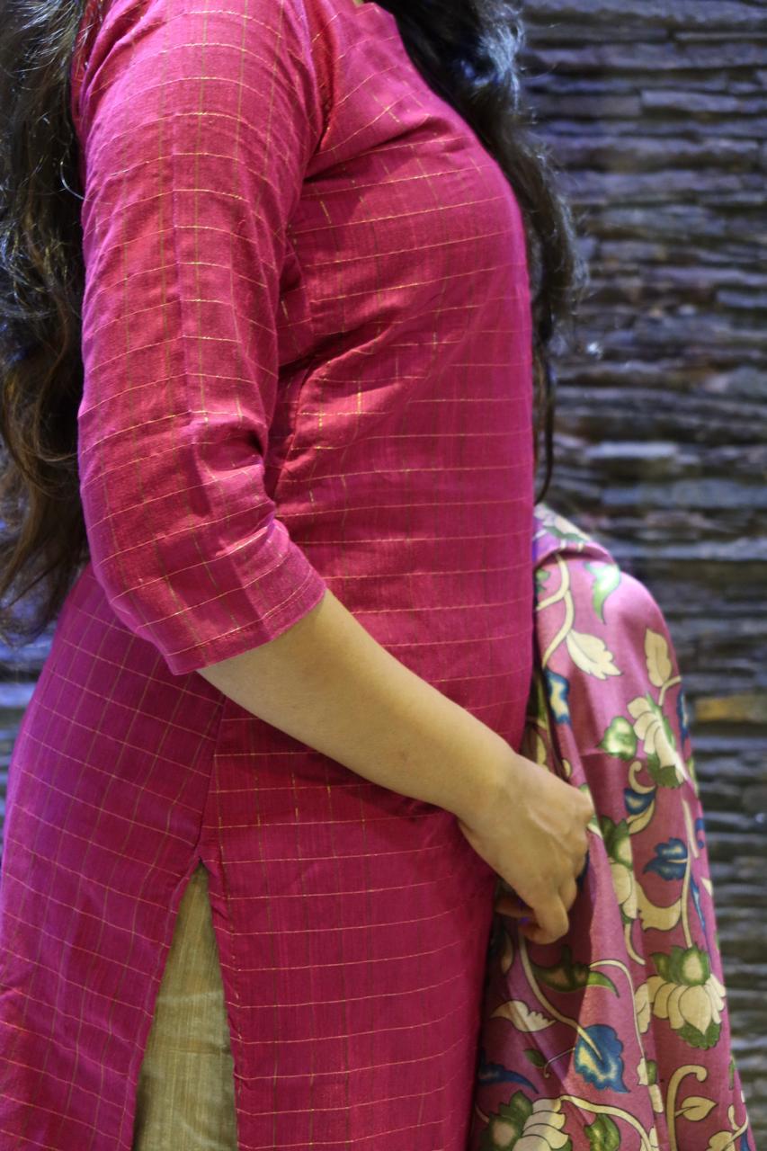 Pure Raw Silk Churidar Set with Kalamkari Dupatta & Pant