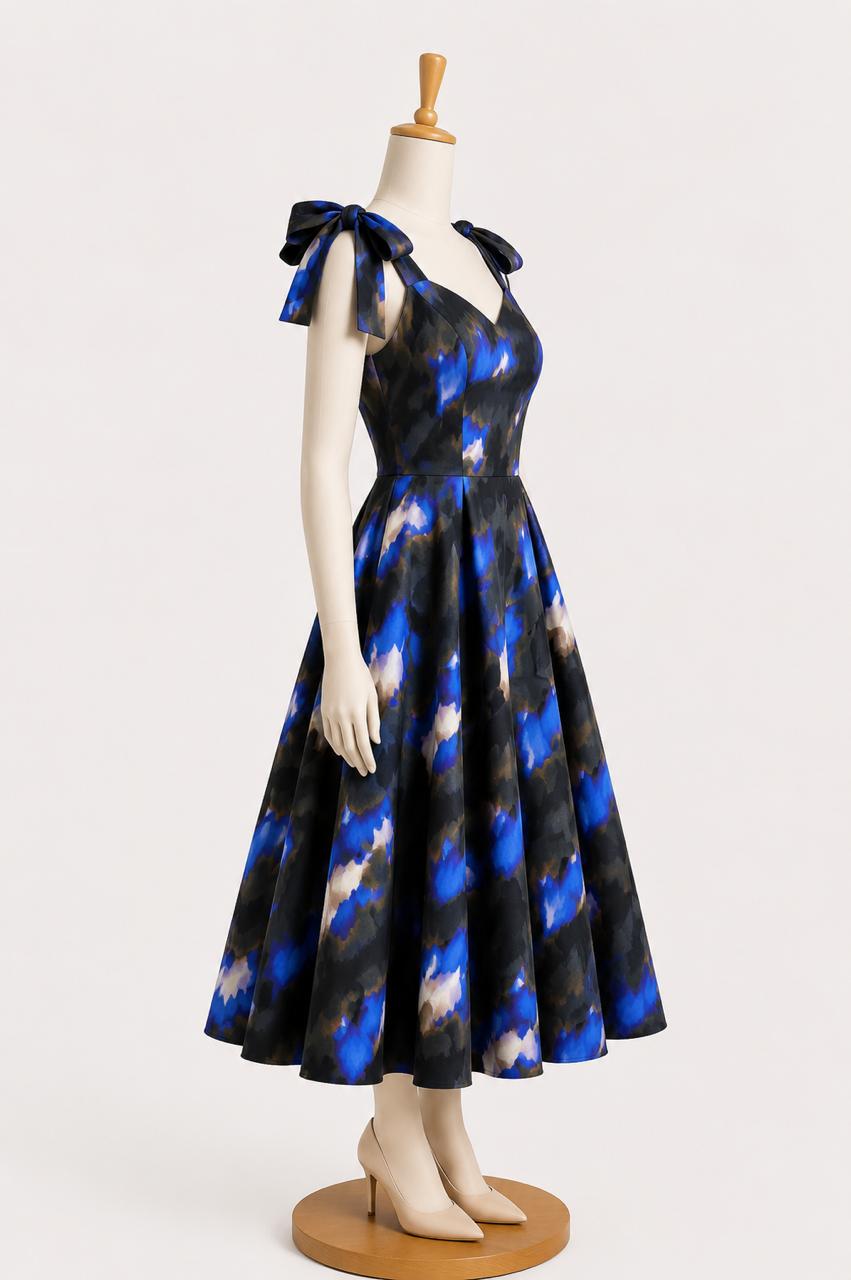 Kids & teens Black & Blue Abstract Print  Summer Midi Dress with shoulder Tie straps & Chest Cup