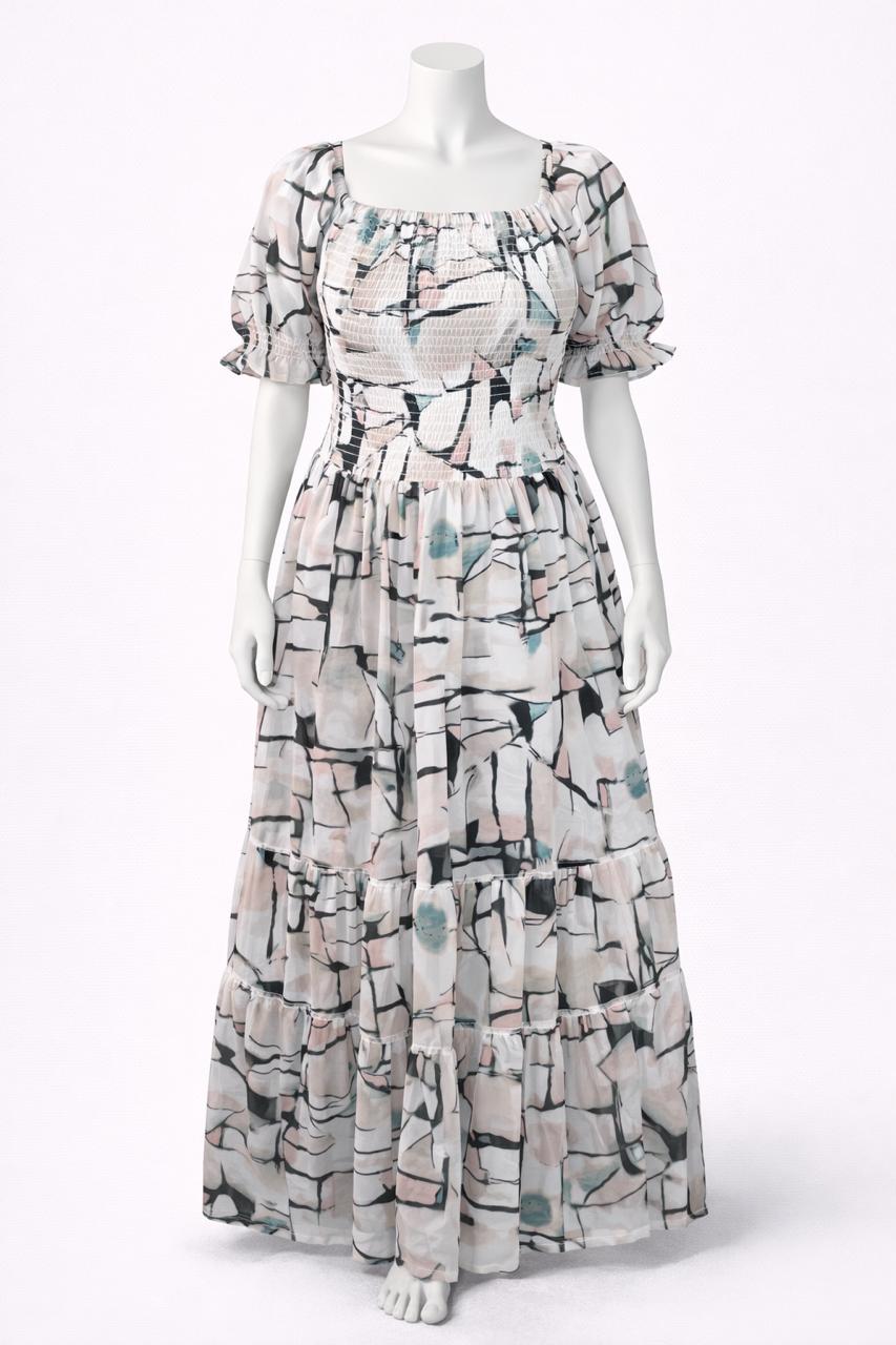Women's ivory printed sundress with puff sleeves