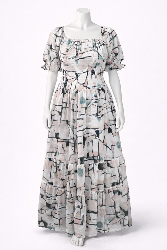 Women's ivory printed sundress with puff sleeves
