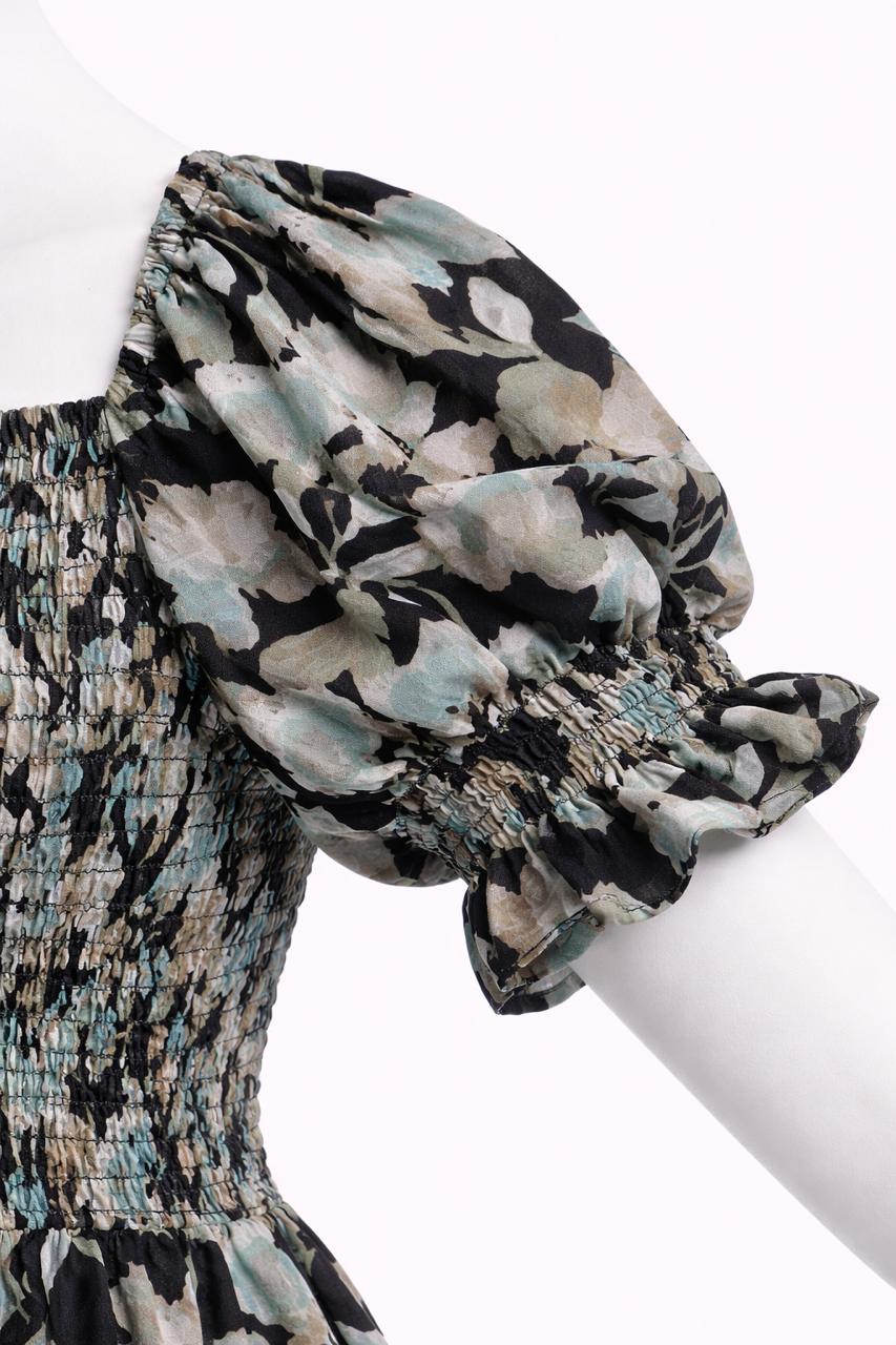 Women's Black and aqua green floral printed sundress with puff sleeves