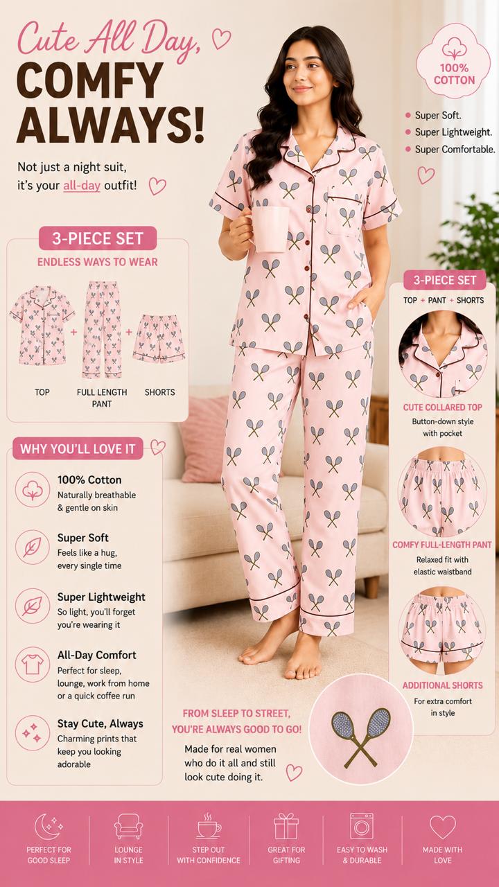 Women's Tennis bat Printed Premium 3-Piece Cotton Lounge Set