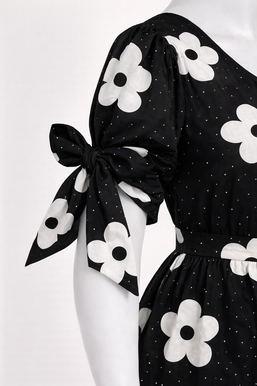 Women's Black floral maxi dress with puff sleeves tie up dress