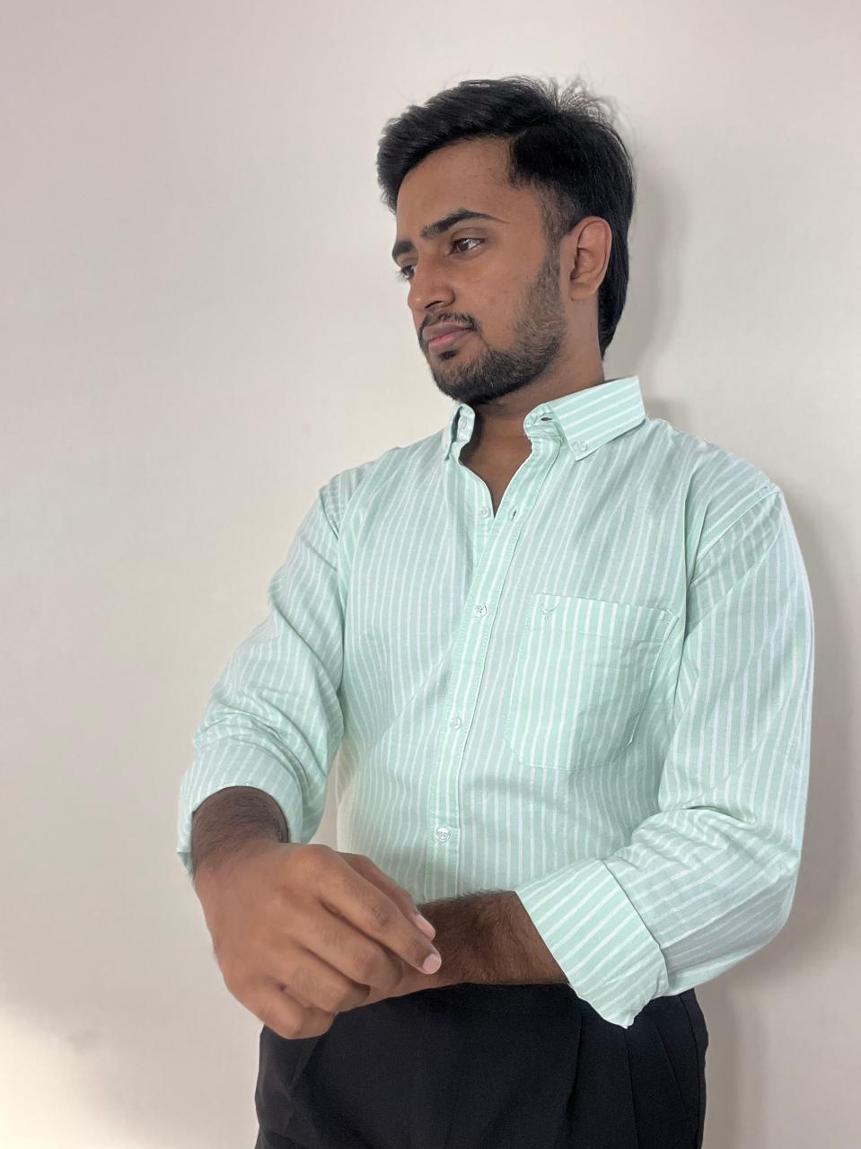 Pastel mint oxford cotton-linen shirt with white stripes | button-down collar