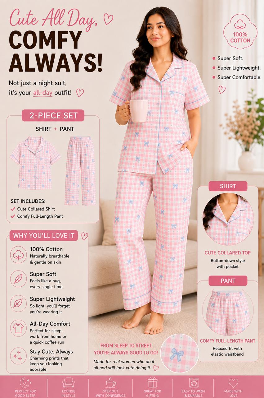 Bow Printed Premium 2-Piece Cotton Lounge Set