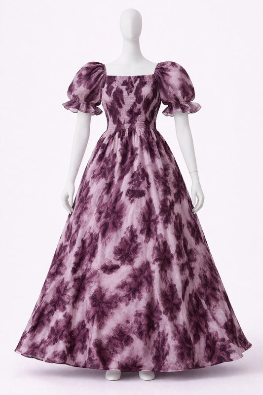 Women's purple & violet printed sundress with puff sleeves