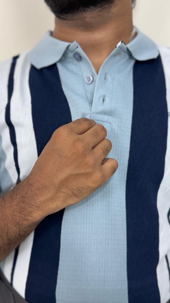 Men’s Sky Blue Knitted Cotton Polo T-Shirt | Premium Vertical Stripe Polo Tee