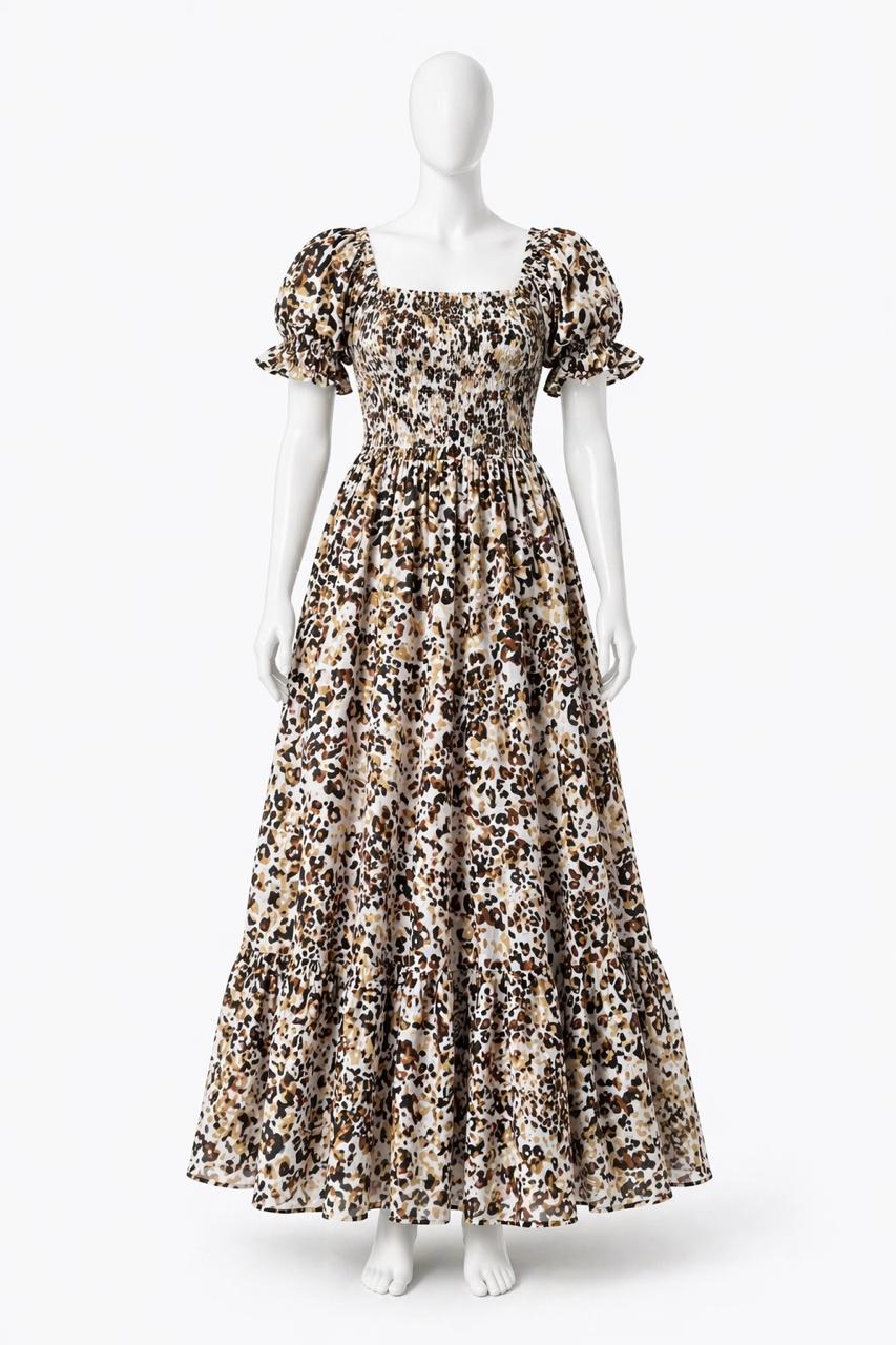 Women's cream &Black printed sundress with puff sleeves