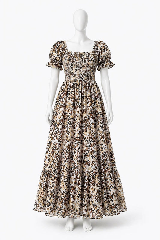 Women's cream &Black printed sundress with puff sleeves