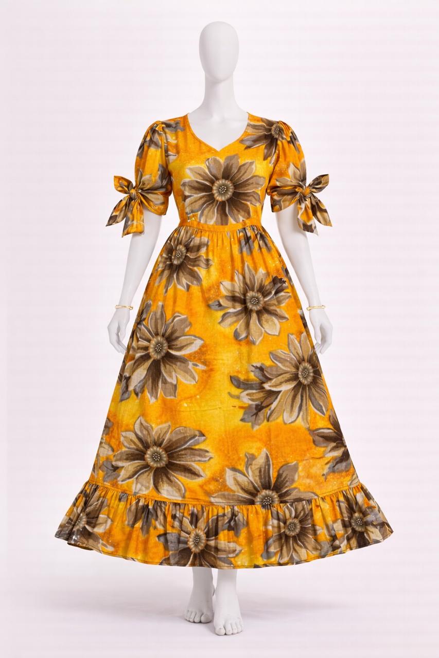 Women's yellow floral printed maxi with puff sleeves tie up dress