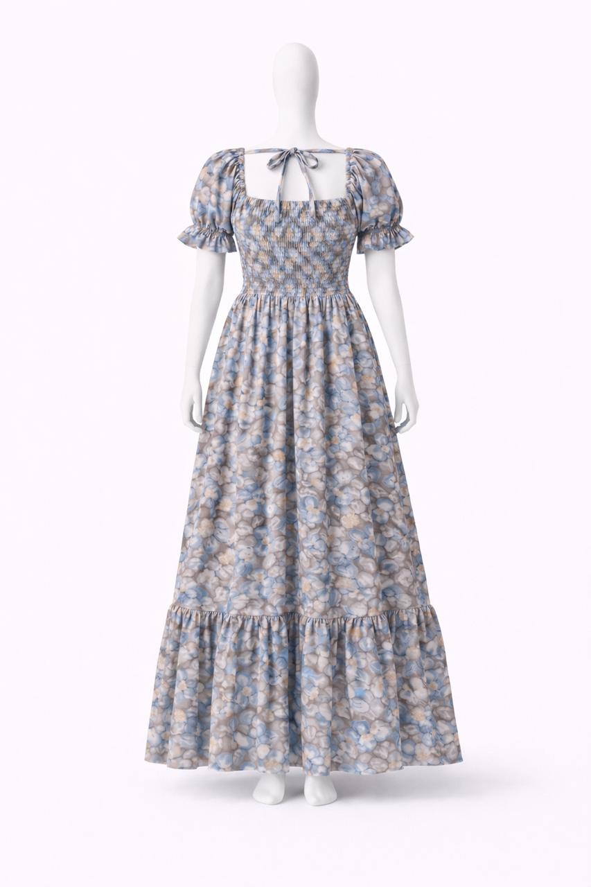 Women's brown flower printed sundress with puff sleeves
