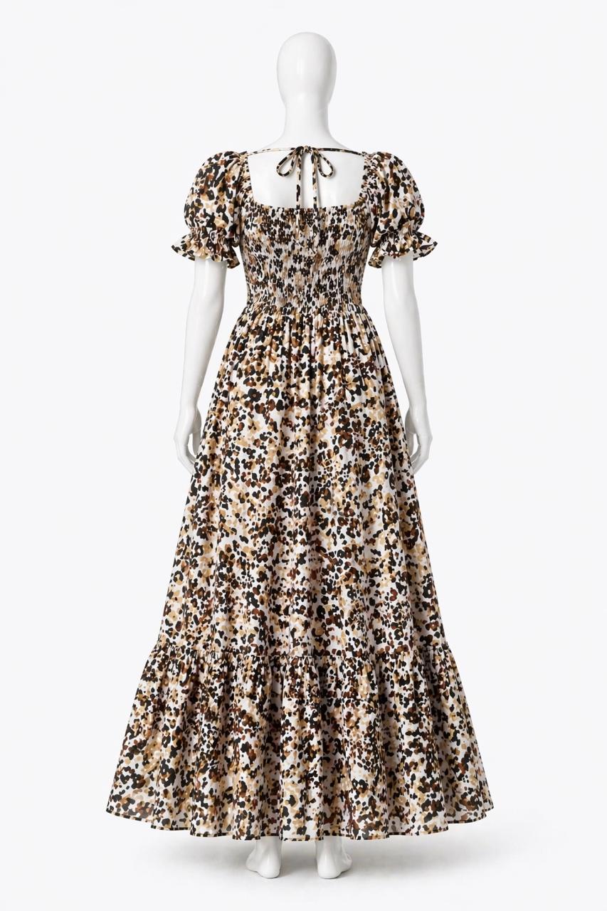 Women's cream &Black printed sundress with puff sleeves