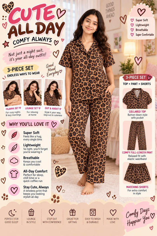 Kid's leopard Printed Premium 3-Piece Cotton Lounge Set