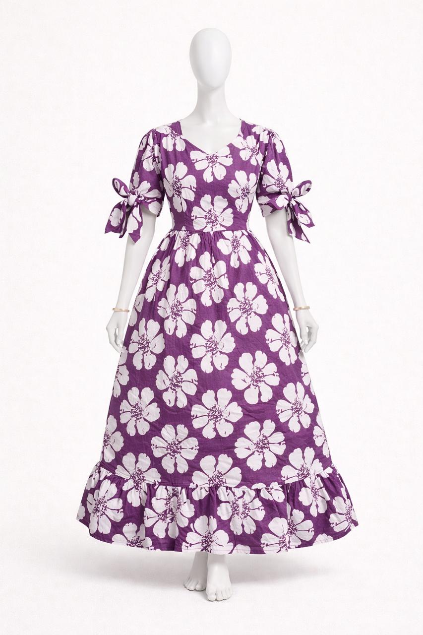 Women's violet floral maxi with puff sleeves tie up dress