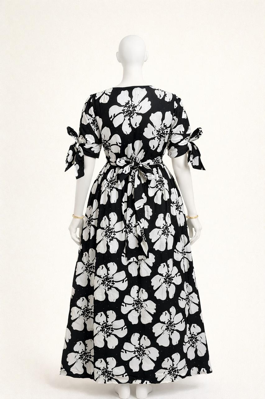 Women's Black floral maxi with puff sleeves tie up dress