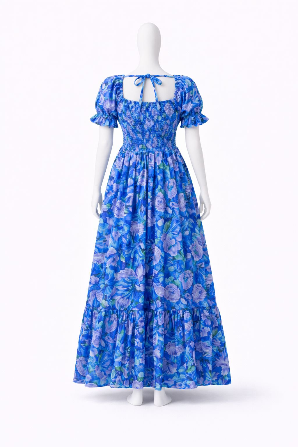 Women's Blue floral printed sundress with puff sleeves