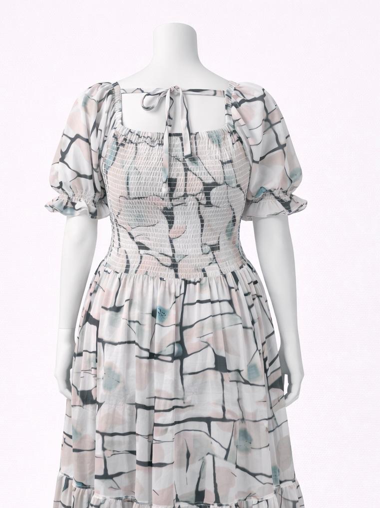 Women's ivory printed sundress with puff sleeves