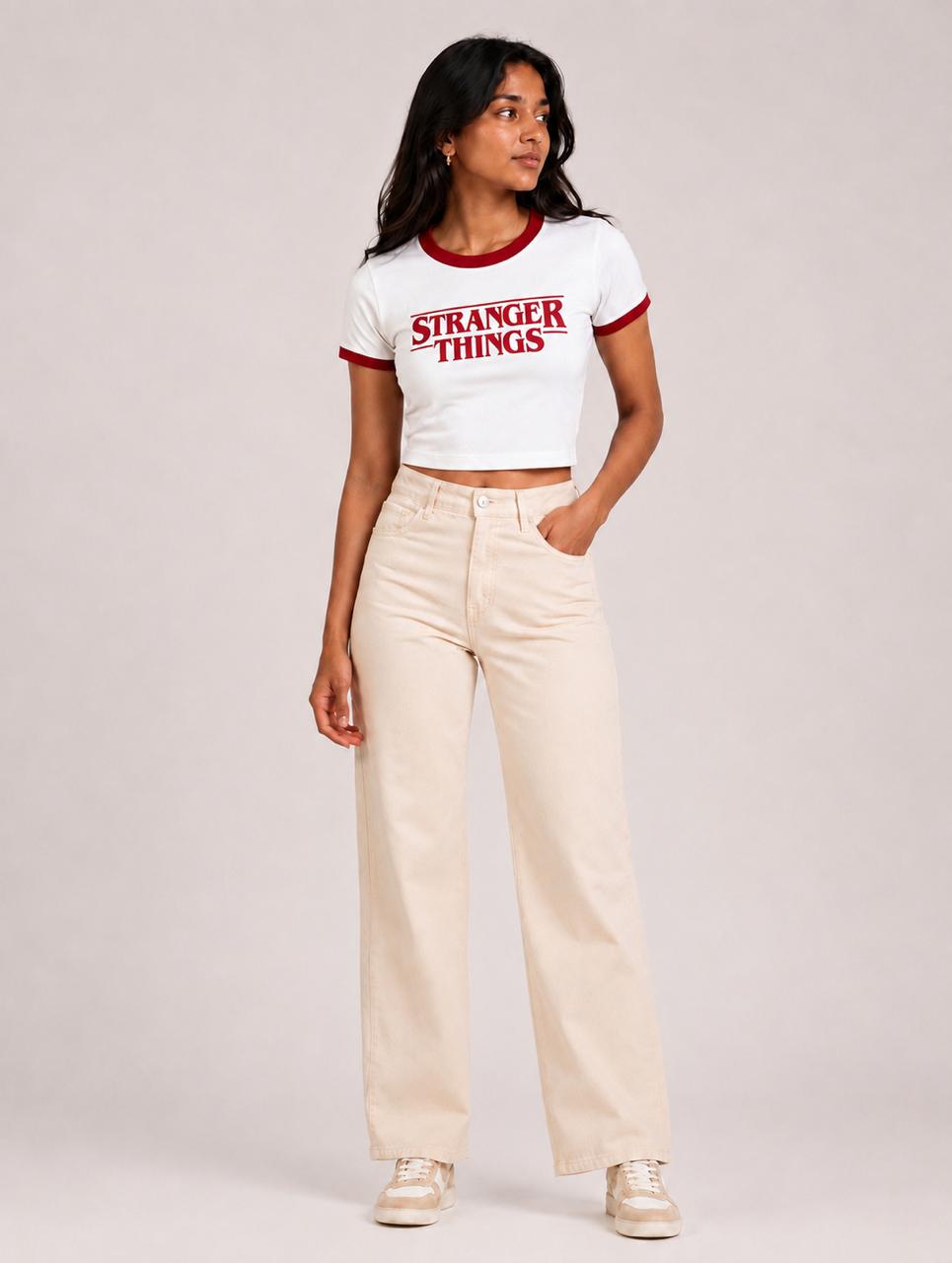 Stranger things printed contrast collar Baby tee | Women's cropped Fit T-shirt