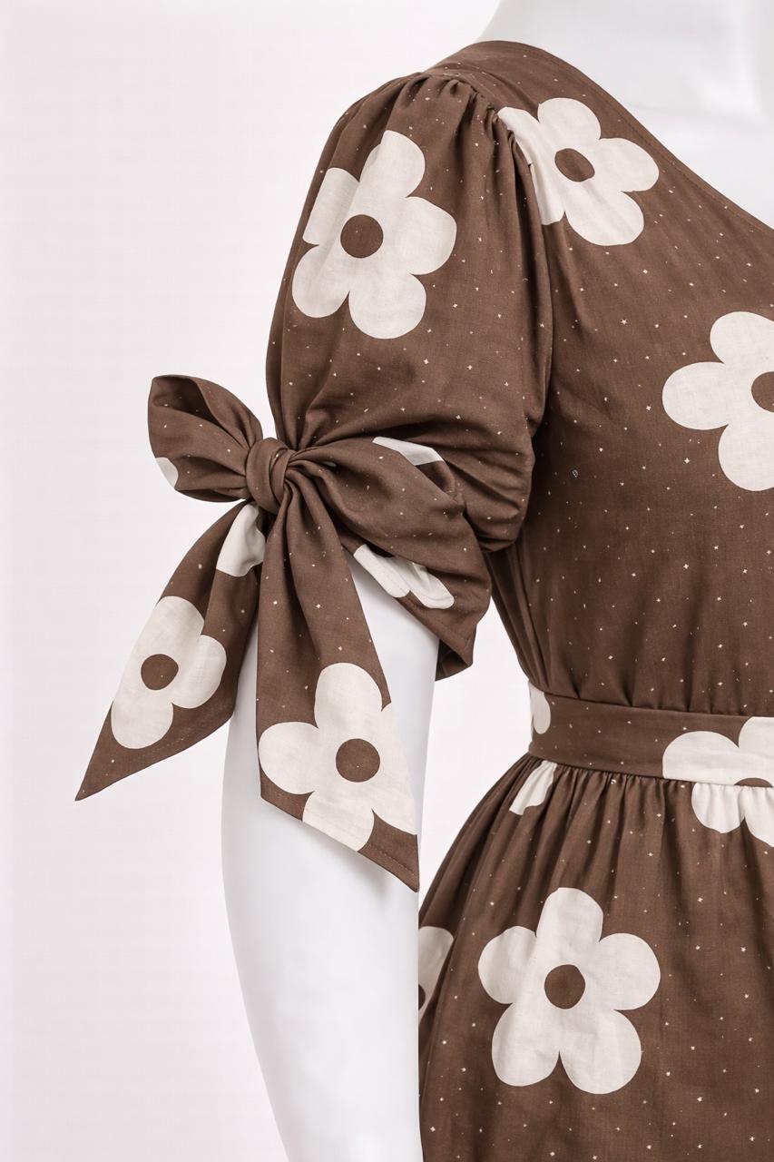 Women's brown floral printed maxi with puff sleeves tie up dress